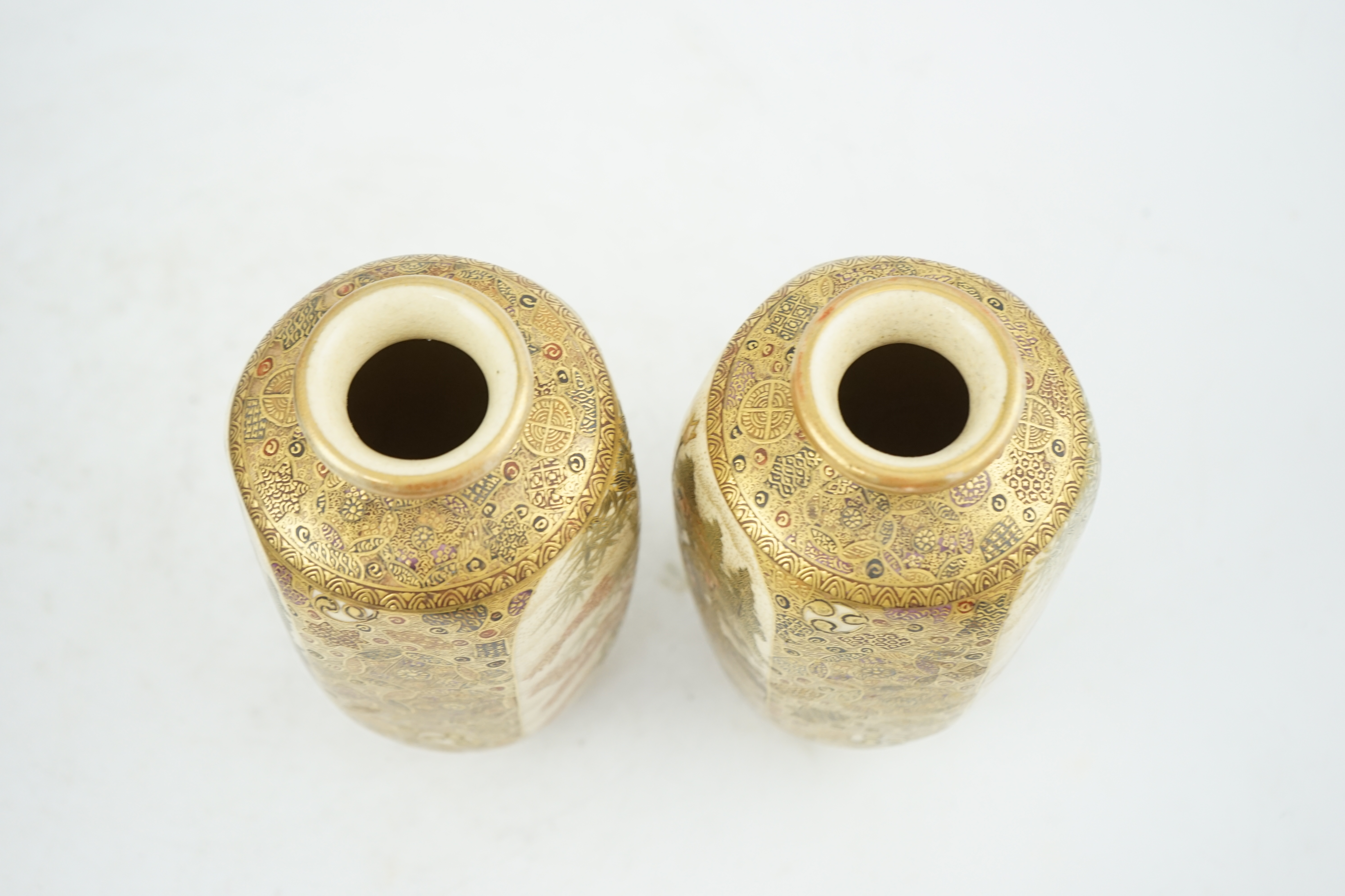 A pair of Japanese Satsuma hexagonal vases, signed ?Kozan, early 20th century